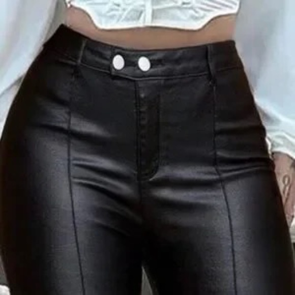 Luxe Black Vegan Leather Stretchy High Waisted Pants - Picture 2 of 2
